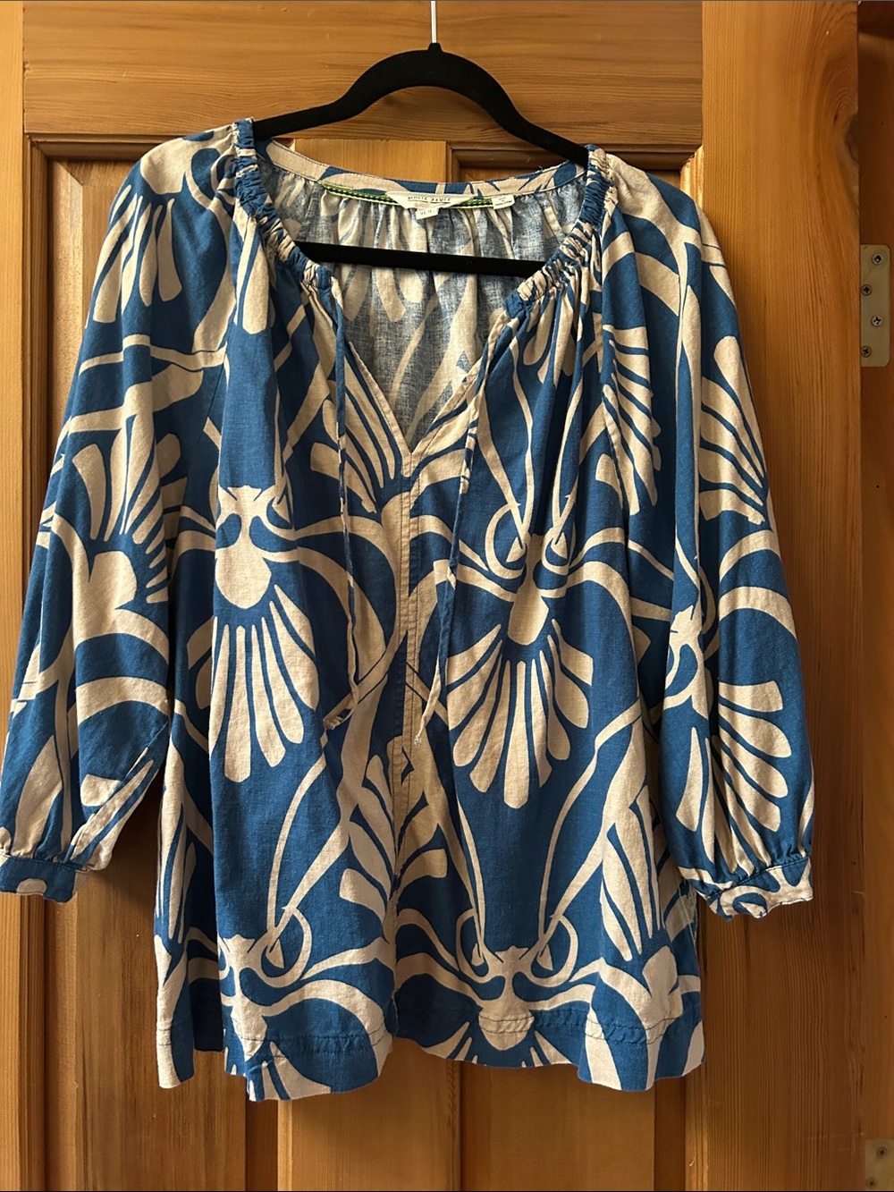 Blue and Cream Floral Peasant Blouse - Relaxed Fit